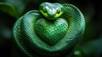 Obraz premium Jealousy depicted as a green snake coiled around a heart (focus on, envy and desire, ethereal, Multilayer, dark forest backdrop)