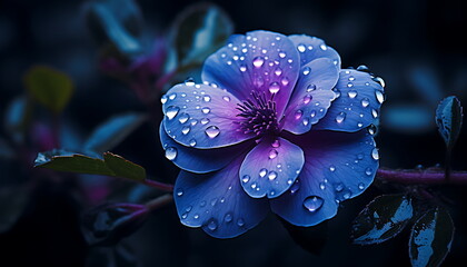 a purple flower sitting up above water drops, generative ai
