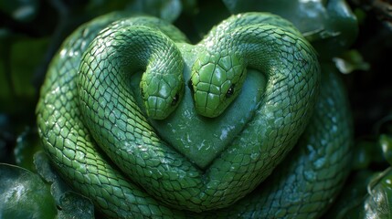 Jealousy depicted as a green snake coiled around a heart (focus on, envy and desire, ethereal, Multilayer, dark forest backdrop)