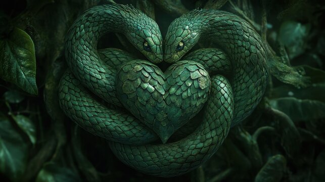 Jealousy depicted as a green snake coiled around a heart (focus on, envy and desire, ethereal, Multilayer, dark forest backdrop)