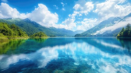 High-definition scenery, 1 mountain lake, blue lake water, blue sky and white clouds, 4K ultra-clear, natural style, real, sunlight