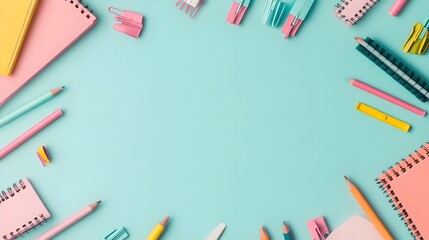 Colorful Office Supplies Frame on Blue Background