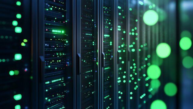 A close-up view of the back side of two rows of server cabinets, featuring green lights glowing from the front panels of each cabinet
