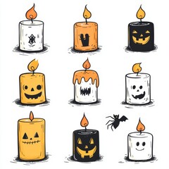 Cute Halloween candles featuring spooky designs on a white background in doodle style