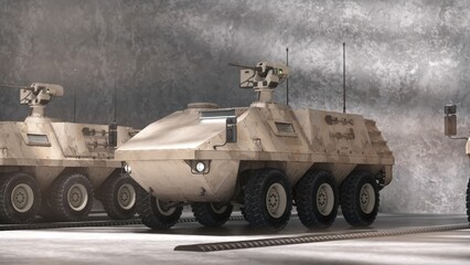 3d render of an armored military vehicle in an industrial garage, side view with detailed textures