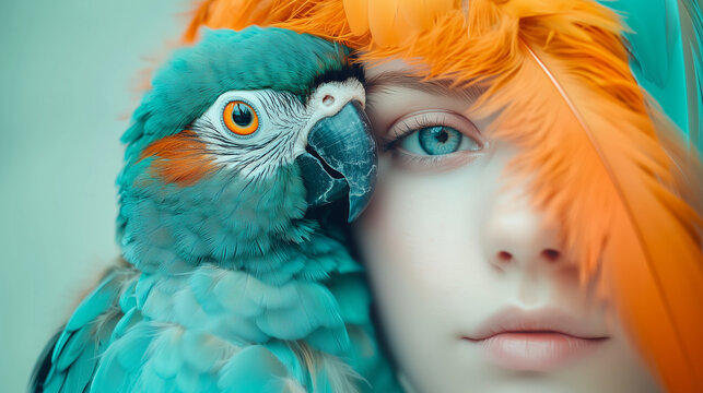 close-up portrait of a girl with her parrot