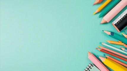 Fototapeta premium Colorful Pencils & Notebook on Teal Background - Back to School