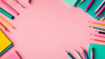 Fototapeta premium Colorful Pencils and Papers on Pink Background