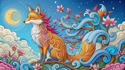 Obraz premium Vibrant, mystical fox with nine tails and crescent moon horns, surrounded by swirling clouds and cherry blossoms, awaits coloring on a whimsical, intricate illustration.