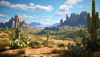 the grassy desert road and cactus, generative ai