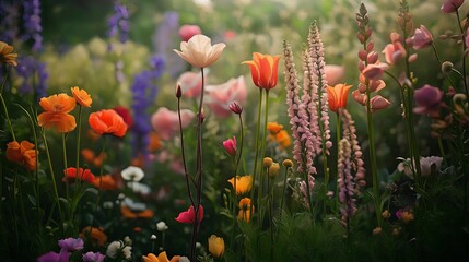 Photograph a section of the garden where different flowers are blooming together