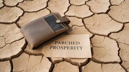 Old Worn Leather Wallet on Cracked Earth with 'Parched Prosperity' Message - Symbolizing Financial Despair, Economic Hardship, and Environmental Crisis in a Barren Landscape