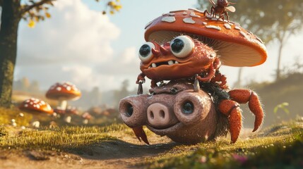 In the huge mushroom world, the Crab General rides a pig mount and confronts the Ant Duke