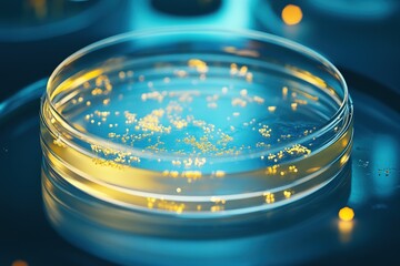 Petri dish with growing golden particles