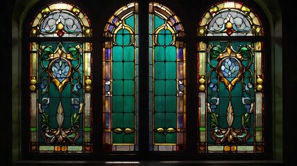 Victorian-style window with ornate frames, stained glass accents, isolated on a deep green background