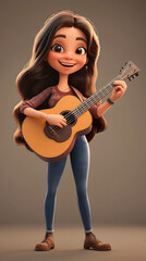3D cartoon render cute musician woman playing with guitar. 3d musician. Girl with brown hair. Illustrations