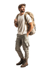 Naklejka premium Caucasian Solo Traveler in Casual Travel Clothes Holding Backpack, Preparing to Explore Tuvalu, Isolated on Transparent Background, Capturing Independence and Adventure