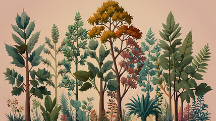 Fototapeta premium A collection of various plant species, each with unique shapes and colors, intertwined to form a symbolic tree of diversity on a soft, pastel background.