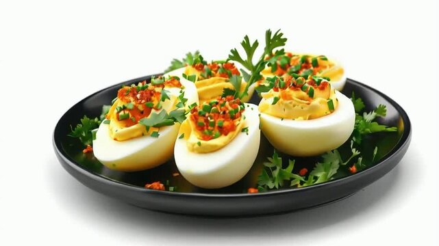 A plate of deviled eggs, their creamy yolk filling topped with a sprinkle of paprika and a sprig of parsley, isolated on white background