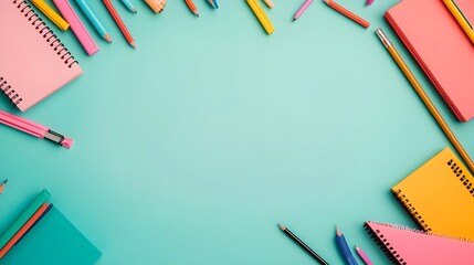 Colorful School Supplies Border on Mint Background