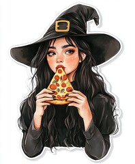 Young cute witch eats slice of pizza - Italian cuisine and Halloween concept