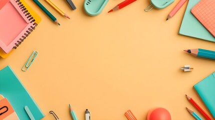 Colorful School Supplies Border on Peach Background