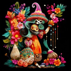 Lively Dia de los Muertos figure featuring a decorative hat, colorful floral arrangements, and intricate patterns, symbolizing Mexican culture.