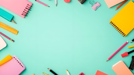 Colorful School Supplies Border on Turquoise Background