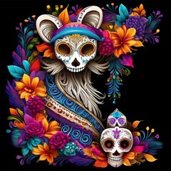 Naklejka premium Vibrant Dia de los Muertos skeleton figures adorned with intricate floral patterns, surrounded by colorful flowers, celebrating Mexican culture.