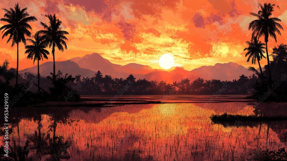 Aufkleber sunset over a serene rice field, with the sky ablaze in orange and pink hues. silhouettes of distant