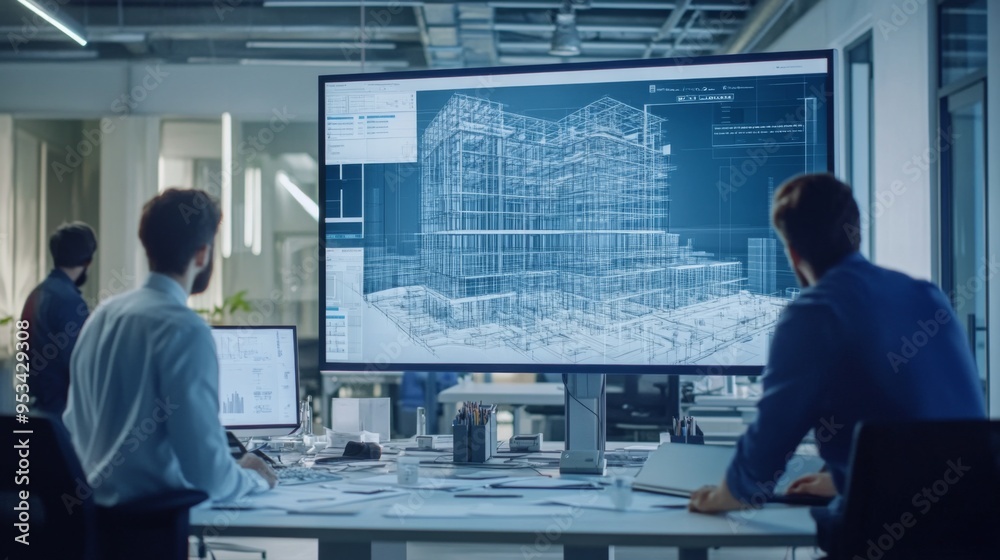 Poster team of engineers in a modern office, collaborating on a digital 3d model of a building on a large s