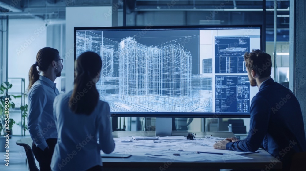Poster Team of engineers in a modern office, collaborating on a digital 3D model of a building on a large screen, with technical drawings spread out on the table