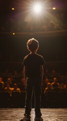 A Brave Child Embracing Courage on Stage Under Bright Spotlight in an Auditorium