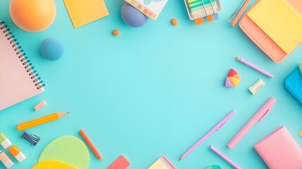 Colorful School Supplies Flat Lay on Blue Background