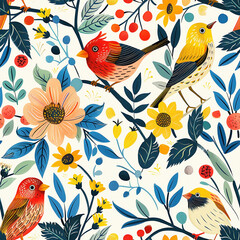 Cartoon pattern of birds and flowers in bright colors for children.