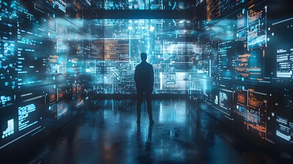 Futuristic Office with Holographic Data Displays Showcasing Innovation and Technology