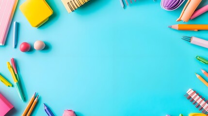 Colorful School Supplies Frame Blue Background