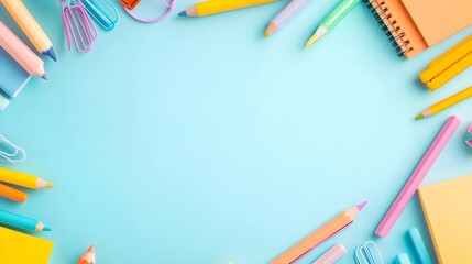Fototapeta premium Colorful School Supplies Frame on Blue Background
