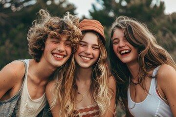 Fototapeta premium A group of young women stand together, smiling and looking at the camera