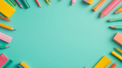 Colorful School Supplies Frame on Teal Background