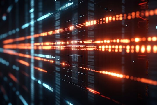 Digital data stream in red and white on dark background