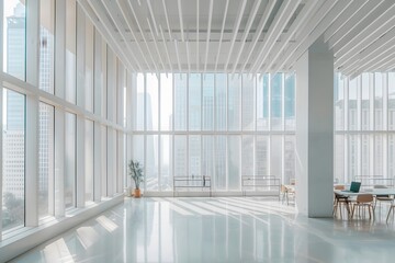 A photo of a large white open office space interior with modern furniture, desks and computers in front of big windows overlooking the city. A minimalistic style, 
