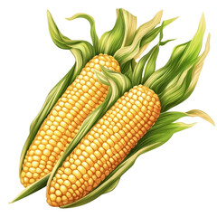 Obraz premium Two fresh corn cobs display vibrant yellow kernels and lush green husks, showcasing their agricultural charm, corn cobsillustration on transparent background