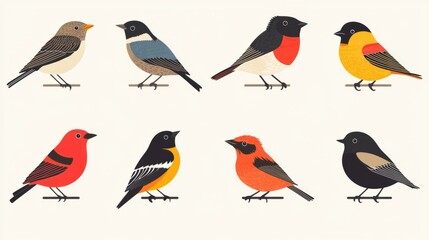 Fototapeta premium Cute cartoon bird set in winter on branch, vector illustration for wildlife design