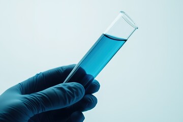 Gloved hand holding blue liquid in test tube