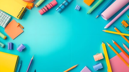 Colorful School Supplies on Turquoise Background