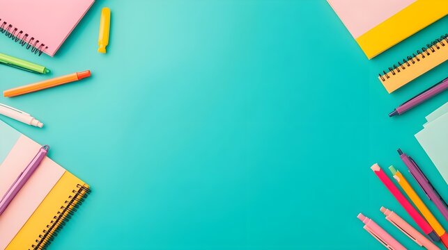 Colorful School Supplies on Turquoise Background