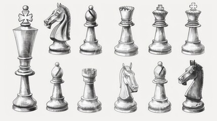A collection of chess pieces with horse heads, perfect for fantasy or medieval-themed illustrations