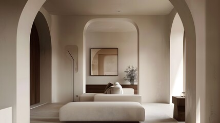 modern and elegant living room with a cozy, curved white sofa complemented