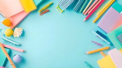 Fototapeta premium Colorful Stationery Background, School Supplies, Blue Background